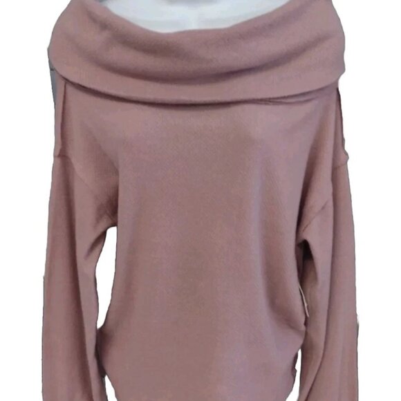Free People We the Free Mauve Waffle Knit Cowl Neck Thermal Pullover  Large EUC - Picture 1 of 6